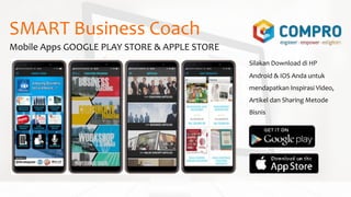 SMART Business Coach
Mobile Apps GOOGLE PLAY STORE & APPLE STORE
Silakan Download di HP
Android & IOS Anda untuk
mendapatkan Inspirasi Video,
Artikel dan Sharing Metode
Bisnis
 