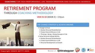 RETIREMENT	PROGRAM
THROUGH COACHING	METHODOLOGY
THE	CHANGE	STRATEGY	to	ACHIEVE	DREAMS
• Change	Formula
• Analize Personal	Dissatisfaction
• Create	Vision	&	Mission	in	Life
• Thinking	+	Being	+	Doing	Concepts	of	Life
• Setup	Personal	Iceberg	Identity
• Analize Personal	Dissatisfaction
• Create	Vision	&	Mission	in	Life
• Personal	Development	to	Growth
USIA	51-52	(WAJIB-3)	– 3	Hours
 