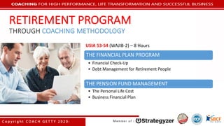 RETIREMENT	PROGRAM
THROUGH COACHING	METHODOLOGY
THE	FINANCIAL	PLAN	PROGRAM
• Financial	Check-Up
• Debt	Management	for	Retirement	People
THE	PENSION	FUND	MANAGEMENT
• The Personal	Life	Cost
• Business	Financial	Plan
USIA	53-54	(WAJIB-2)	– 8	Hours
 