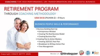 BUSINESS	PEOPLE	SKILLS	&	PERFORMANCE
• Business	Building Start-Up
• Entrepreneur	Mindset
• Creating	The	Real	Business	Model
• Creating	Business	Plan
• Creating	Plan	to	Action	Mastery
• Creating	10/5/3/1 Year	Plan
• Breakdown	to	90	Days	Action	Plan
• Time	Management
USIA	54-55	(PILIHAN-2)	– 4	Hours
RETIREMENT	PROGRAM
THROUGH COACHING	METHODOLOGY
 
