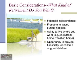 Basic Considerations--What Kind of Retirement Do You Want?Financial independence Freedom to travel, pursue hobbiesAbility to live where you want (e.g., in current home, vacation home)Opportunity to provide financially for children or grandchildren