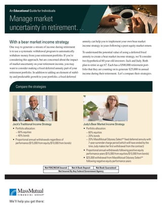 An Educational Guide for Individuals

Manage market
uncertainty in retirement…
With a bear market income strategy                                  annuity can help you to implement your own bear market
One way to generate a stream of income during retirement            income strategy in years following a poor equity market return.
is to use a systematic withdrawal program to automatically          To understand the potential value of using a deferred fixed
withdraw money from your retirement portfolio. If you’re            annuity to create a bear market income strategy, we’ll consider
considering this approach, but are concerned about the impact       two hypothetical 60 year-old investors: Jack and Judy. Both
of market uncertainty on your retirement income, you may            plan to retire at age 67. Each has a $500,000 retirement port-
want to consider making a fixed deferred annuity part of your       folio that they are counting on to generate $25,000 in annual
retirement portfolio. In addition to adding an element of stabil-   income during their retirement. Let’s compare their strategies.
ity and predictable growth to your portfolio, a fixed deferred


     Compare the strategies




  Jack’s Traditional Income Strategy                                 Judy’s Bear Market Income Strategy
  •	 Portfolio allocation:                                           •	 Portfolio allocation:
     ––60% equities                                                     ––60% equities
     ––40% bonds                                                        ––20% bonds
  •	  roportional annual withdrawals regardless of
     P                                                                  –– 0% MassMutual Odyssey SelectSM fixed deferred annuity with
                                                                           2
     performance ($15,000 from equity/$10,000 from bonds)                  7-year surrender charge period (which will have ended by the
                                                                           time Judy makes her first withdrawal from the contract)
                                                                     •	  roportional annual withdrawals following positive equity
                                                                        P
                                                                        performance years ($15,000 from equities/$10,000 from bonds)
                                                                     •	  25,000 withdrawal from MassMutual Odyssey SelectSM
                                                                        $
                                                                        following negative equity performance years

                                 Not FDIC/NCUA Insured    Not A Bank Deposit      Not Bank Guaranteed
                                             Not Insured By Any Federal Government Agency
 