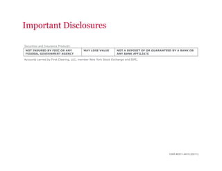 Important Disclosures

Securities and Insurance Products:
NOT INSURED BY FDIC OR ANY                MAY LOSE VALUE         NOT A DEPOSIT OF OR GUARANTEED BY A BANK OR
FEDERAL GOVERNMENT AGENCY                                        ANY BANK AFFILIATE

Accounts carried by First Clearing, LLC, member New York Stock Exchange and SIPC.




                                                                                              CAR #0311-4619 (03/11)
 