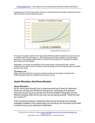 Investopedia.com – the resource for investing and personal finance education.


taxable account. The end result after 30 years is that taxes leave the taxable investment's size at
about half that of the tax-deferred account.




Of course, this graph is based on the assumption that the taxable investment account turns over
its portfolio each and every year (i.e., 20% capital gains tax rate is applied to all capital gains
each year). If the taxable portfolio held on to stocks for the long term, for example, the capital
gains taxes would be delayed.

Regardless, it is usually not beneficial to incur taxes sooner, as opposed to later, and this
example should make it clear that failing to take advantage of the tax-sheltering options available
could be very costly.

The Bottom Line
Begin saving for retirement as early as possible and take full advantage of whatever tax-
sheltering opportunities are available for as long as you can.



Asset Allocation And Diversification

Asset Allocation
So far, we've gone through how to determine what you'll need for retirement,
where you can get your retirement savings from, what types of investment
accounts you can put your savings into and the benefits of long-term and tax-
efficient investing. After all this you may now be asking yourself, "What the heck
do I invest in?"

It isn't practical to discuss in detail the wide array of securities and investing
strategies available in the market today, but we will go over the basics you'll need
to know to set up your retirement investments.


      This tutorial can be found at: http://www.investopedia.com/university/retirement/default.asp
                                            (Page 19 of 24)
                      Copyright © 2010, Investopedia.com - All rights reserved.
 