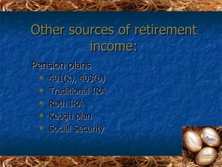 Other sources of retirement
         income:
Pension plans
    401(k), 403(b)
    Traditional IRA
    Roth IRA
    Keogh plan
    Social Security
 