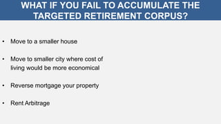WHAT IF YOU FAIL TO ACCUMULATE THE
TARGETED RETIREMENT CORPUS?
• Move to a smaller house
• Move to smaller city where cost of
living would be more economical
• Reverse mortgage your property
• Rent Arbitrage
 
