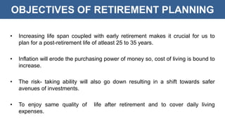 OBJECTIVES OF RETIREMENT PLANNING
• Increasing life span coupled with early retirement makes it crucial for us to
plan for a post-retirement life of atleast 25 to 35 years.
• Inflation will erode the purchasing power of money so, cost of living is bound to
increase.
• The risk- taking ability will also go down resulting in a shift towards safer
avenues of investments.
• To enjoy same quality of life after retirement and to cover daily living
expenses.
 
