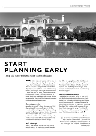 04 GUIDE TO RETIREMENT PLANNING
T
he future may seem far away, but you need to
start planning early. Regardless of your goals,
there are things you can do to increase your
chances of success! It is important to look objectively
at your plans and adapt them as your priorities change
over the years and you go through different life events.
Many of us have got things in mind we’d like to do
when we retire, whether it’s travelling the world or
simply doing more of what you love. But how can you
save enough for a decent retirement without having to
give up what makes life good today?
Eagerness to retire
According to research[1]
, almost three quarters (73%)
of people aged 45 or over are longing for the day
when their life is no longer confined by their working
routine. Yet, despite an eagerness to retire, the research
shows that almost half (46%) of over-45s with a
pension have no idea how much it is currently worth,
and that more women (52%) than men (41%) don’t
know the value of their own pension savings.
Shift in lifestyle
A fifth (19%) of those aged 45-plus don’t have a
pension in place yet. Two thirds of those aged 45-
plus (67%) are hoping for a shift in lifestyle, keen
to retire early before the State Pension age kicks in.
But only one in ten of them (12%) has proactively
increased how much they are investing in their
pension when they’ve been able to, in order to help
make this happen.
Pension freedoms beneﬁts
Once people reach the age of 55 (age 57 from 2028),
they can benefit from pension freedoms which allow
them to start withdrawing money from their pension
savings if they need to. It’s a point at which some key
decisions can be made, and the importance of knowing
the value of their pension should come sharply into
focus. But, even among this group of people aged
55–64, some 45% still have their eyes shut and don’t
know what their pension savings are worth. n
Source data
[1] The research was carried out online for Standard
Life by Opinium. Sample size was 2,001 adults. The
figures have been weighted and are representative of all
GB adults (aged 18+). Fieldwork was undertaken in
November 2017.
START
PLANNING EARLY
Things you can do to increase your chances of success
 