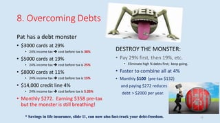 8. Overcoming Debts
Pat has a debt monster
• $3000 cards at 29%
• 24% income tax  cost before tax is 38%
• $5000 cards at 19%
• 24% income tax  cost before tax is 25%
• $8000 cards at 11%
• 24% income tax  cost before tax is 15%
• $14,000 credit line 4%
• 24% income tax  cost before tax is 5.25%
• Monthly $272. Earning $358 pre-tax
but the monster is still breathing!
DESTROY THE MONSTER:
• Pay 29% first, then 19%, etc.
• Eliminate high % debts first; keep going.
• Faster to combine all at 4%
• Monthly $100 (pre-tax $132)
and paying $272 reduces
debt > $2000 per year.
12* Savings in life insurance, slide 11, can now also fast-track your debt-freedom.
 
