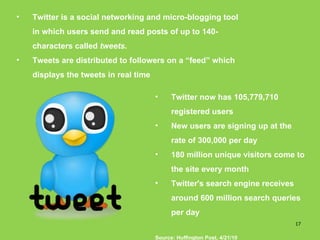 <ul><li>Twitter is a social networking and micro-blogging tool in which users send and read posts of up to 140-characters ...