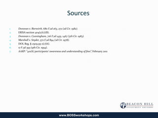 Sources

1.   Donovan v. Bierwirth, 680 F.2d 263, 272 (2d Cir. 1982).
2.   ERISA section 404(a)(1)(B).
3.   Donovan v. Cunningham, 716 F.2d 1455, 1467 (5th Cir. 1983).
4.   Marshall v. Snyder, 572 F.2d 894 (2d Cir. 1978).
5.   DOL Reg. § 2509.95-1(c)(6).
6.   17 F.3d 393 (9th Cir. 1994).
7.   AARP: “401(k) participants’ awareness and understanding of fees”, February 2011




                                         www.BOSSworkshops.com
 