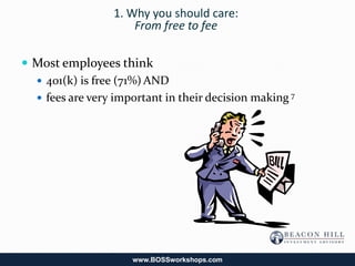 1. Why you should care:
                      From free to fee

 Most employees think
   401(k) is free (71%) AND
   fees are very important in their decision making 7




                     www.BOSSworkshops.com
 