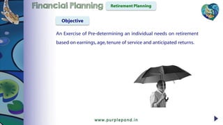 Retirement Planning
An Exercise of Pre-determining an individual needs on retirement
based on earnings, age, tenure of service and anticipated returns.
Financial Planning
Objective
 