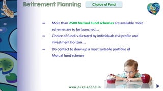 Retirement Planning Choice of Fund
∞ More than 2500 Mutual Fund schemes are available more
schemes are to be launched…
∞ Choice of fund is dictated by individuals risk profile and
investment horizon…
∞ Do contact to draw-up a most suitable portfolio of
Mutual fund scheme
 