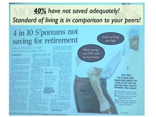 Cost to livingCost to living
too hightoo high
Most savingsMost savings
and CPF usedand CPF used
to buy houseto buy house
40% have not saved adequately!
Standard of living is in comparison to your peers!
 