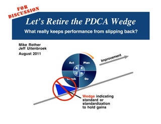 F O RS I O N
           S
D   I SCU
             Let’s Retire the PDCA Wedge
            What really keeps performance from slipping back?

        Mike Rother
        Jeff Uitenbroek
        August 2011
                                                       nt
                                                 roveme
                                              Imp




                                     Wedge indicating
                                     standard or
                                     standardization
                                     to hold gains

    Mike Rother                                     RETIRE THE PDCA WEDGE?   1
 