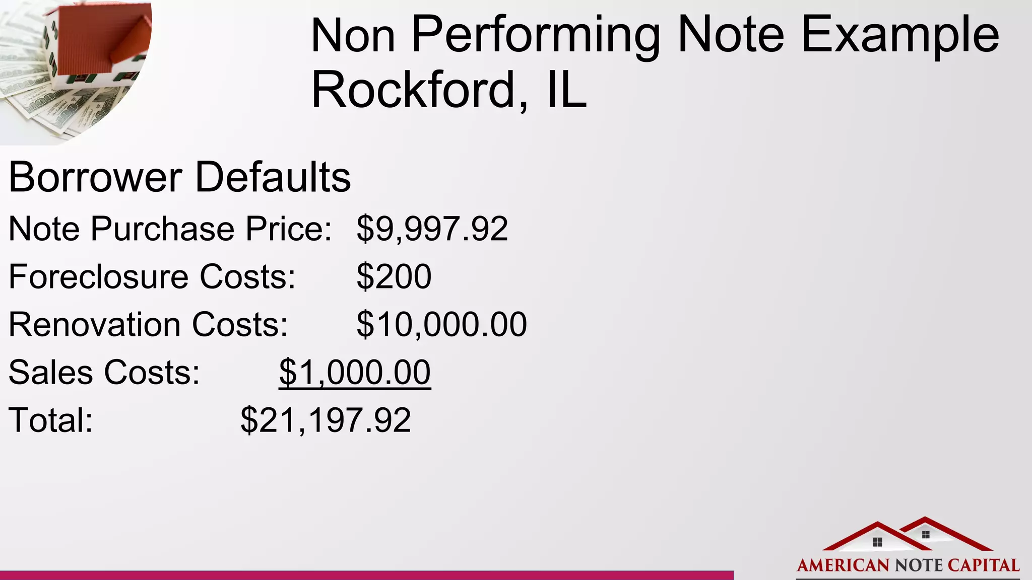 Non Performing Note Example
Rockford, IL
Borrower Defaults
Note Purchase Price: $9,997.92
Foreclosure Costs: $200
Renovation Costs: $10,000.00
Sales Costs: $1,000.00
Total: $21,197.92
 