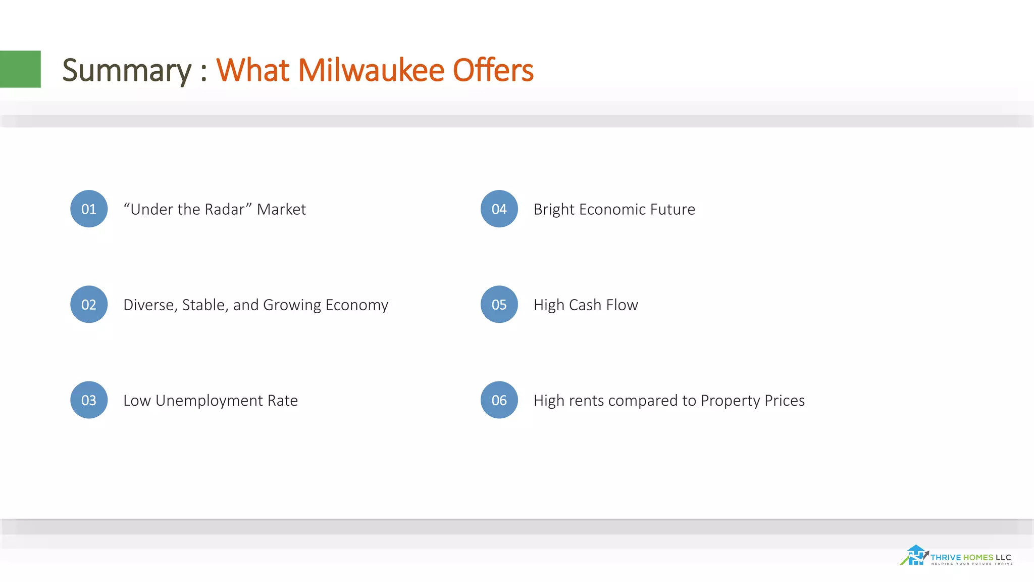 Summary : What Milwaukee Offers
“Under the Radar” Market01
Diverse, Stable, and Growing Economy02
Low Unemployment Rate03
Bright Economic Future04
High Cash Flow05
High rents compared to Property Prices06
 