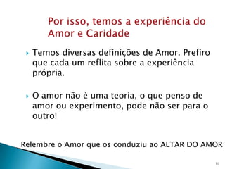    Temos diversas definições de Amor. Prefiro
     que cada um reflita sobre a experiência
     própria.

    O amor não é uma teoria, o que penso de
     amor ou experimento, pode não ser para o
     outro!


Relembre o Amor que os conduziu ao ALTAR DO AMOR

                                                  93
 