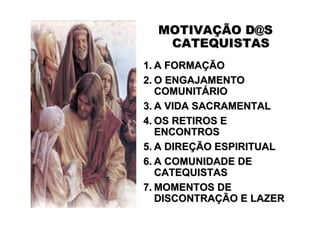 MOTIVAÇÃO D@S
   CATEQUISTAS
1. A FORMAÇÃO
2. O ENGAJAMENTO
   COMUNITÁRIO
3. A VIDA SACRAMENTAL
4. OS RETIROS E
   ENCONTROS
5. A DIREÇÃO ESPIRITUAL
6. A COMUNIDADE DE
   CATEQUISTAS
7. MOMENTOS DE
   DISCONTRAÇÃO E LAZER
 