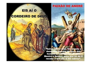 PAIXÃO DE ANDRÉ
    EIS AÍ O
CORDEIRO DE DEUS




                “Salve, santa cruz, tão amada e
                 desejada! Tira-me do meio dos
                 homens e entrega-me ao meu
               Mestre e Senhor, para que eu de ti
                receba o que por ti me salvou”.
 