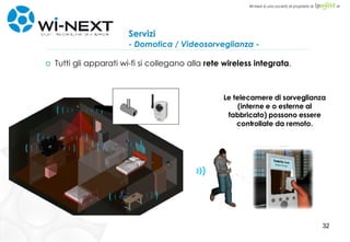 Servizi - Domotica / Videosorveglianza - Tutti gli apparati wi-fi si collegano alla  rete wireless integrata . Le telecamere di sorveglianza (interne e o esterne al fabbricato) possono essere controllate da remoto. 