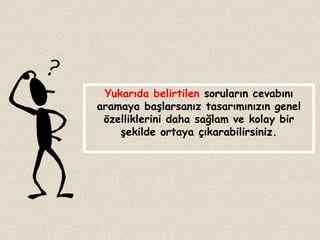 Yukarıda belirtilen soruların cevabını
aramaya başlarsanız tasarımınızın genel
özelliklerini daha sağlam ve kolay bir
şekilde ortaya çıkarabilirsiniz.

 