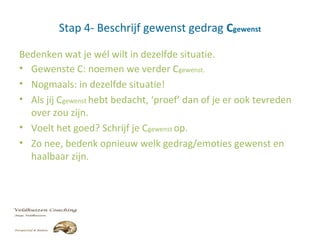 Stap 4- Beschrijf gewenst gedrag Cgewenst
Bedenken wat je wél wilt in dezelfde situatie.
• Gewenste C: noemen we verder Cgewenst.
• Nogmaals: in dezelfde situatie!
• Als jij Cgewenst hebt bedacht, ‘proef’ dan of je er ook tevreden
over zou zijn.
• Voelt het goed? Schrijf je Cgewenst op.
• Zo nee, bedenk opnieuw welk gedrag/emoties gewenst en
haalbaar zijn.
 