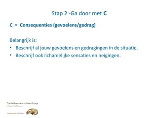 Stap 2 -Ga door met C
C = Consequenties (gevoelens/gedrag)
Belangrijk is:
• Beschrijf al jouw gevoelens en gedragingen in de situatie.
• Beschrijf ook lichamelijke sensaties en neigingen.
 
