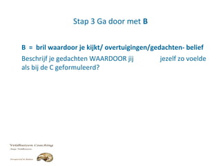 Stap 3 Ga door met B
B = bril waardoor je kijkt/ overtuigingen/gedachten- belief
Beschrijf je gedachten WAARDOOR jij jezelf zo voelde
als bij de C geformuleerd?
 