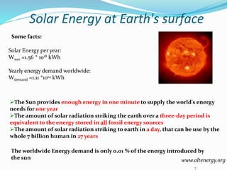 7
Solar Energy at Earth's surface
www.altenergy.org
The Sun provides enough energy in one minute to supply the world's energy
needs for one year
The amount of solar radiation striking the earth over a three-day period is
equivalent to the energy stored in all fossil energy sources
The amount of solar radiation striking to earth in a day, that can be use by the
whole 7 billion human in 27 years
Solar Energy per year:
Wsun =1.56 * 1018 kWh
Yearly energy demand worldwide:
Wdemand =1.11 *1014 kWh
The worldwide Energy demand is only 0.01 % of the energy introduced by
the sun
Some facts:
 