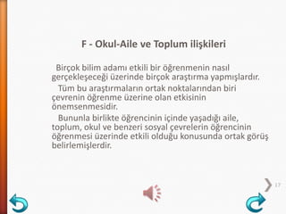 F - Okul-Aile ve Toplum ilişkileri
Birçok bilim adamı etkili bir öğrenmenin nasıl
gerçekleşeceği üzerinde birçok araştırma yapmışlardır.
Tüm bu araştırmaların ortak noktalarından biri
çevrenin öğrenme üzerine olan etkisinin
önemsenmesidir.
Bununla birlikte öğrencinin içinde yaşadığı aile,
toplum, okul ve benzeri sosyal çevrelerin öğrencinin
öğrenmesi üzerinde etkili olduğu konusunda ortak görüş
belirlemişlerdir.
17
 