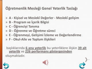 Öğretmenlik Mesleği Genel Yeterlik Taslağı
» A - Kişisel ve Meslekî Değerler - Meslekî gelişim
» B - Program ve İçerik Bilgisi
» C - Öğrenciyi Tanıma
» D - Öğrenme ve Öğretme süreci
» E - Öğrenmeyi, Gelişimi İzleme ve Değerlendirme
» F - Okul-Aile ve Toplum ilişkileri
başlıklarında 6 ana yeterlik bu yeterliklere ilişkin 39 alt
yeterlik ve 226 performans göstergesinden
oluşmaktadır.
4
 
