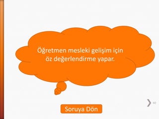 40
Öğretmen mesleki gelişim için
öz değerlendirme yapar.
Soruya Dön
 