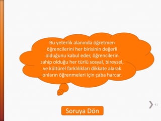 41
Bu yeterlik alanında öğretmen
öğrencilerini her birisinin değerli
olduğunu kabul eder, öğrencilerin
sahip olduğu her türlü sosyal, bireysel,
ve kültürel farklılıkları dikkate alarak
onların öğrenmeleri için çaba harcar.
Soruya Dön
 