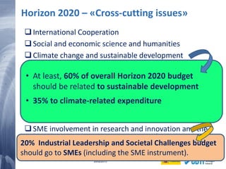 11 20/02/2015
Horizon 2020 – «Cross-cutting issues»
International Cooperation
Social and economic science and humanities
Climate change and sustainable development
Innovation and close to market actions
Cross-disciplinary and cross-sectoral research and
innovation
Fostering the funcioning and achievement of the ERA
and of the Innovation Union
Responsible research and innovation including gender
SME involvement in research and innovation and the
broader private sector participation, (including the SME
instrument)
• At least, 60% of overall Horizon 2020 budget
should be related to sustainable development
• 35% to climate-related expenditure
20% Industrial Leadership and Societal Challenges budget
should go to SMEs (including the SME instrument).
 