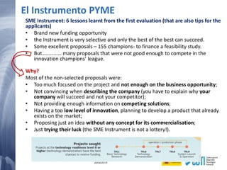110 20/02/2015
El Instrumento PYME
SME Instrument: 6 lessons learnt from the first evaluation (that are also tips for the
applicants)
• Brand new funding opportunity
• the Instrument is very selective and only the best of the best can succeed.
• Some excellent proposals – 155 champions- to finance a feasibility study.
• But…………… many proposals that were not good enough to compete in the
innovation champions’ league.
Why?
Most of the non-selected proposals were:
• Too much focused on the project and not enough on the business opportunity;
• Not convincing when describing the company (you have to explain why your
company will succeed and not your competitor);
• Not providing enough information on competing solutions;
• Having a too low level of innovation, planning to develop a product that already
exists on the market;
• Proposing just an idea without any concept for its commercialisation;
• Just trying their luck (the SME Instrument is not a lottery!).
 