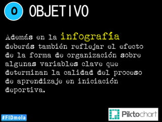 0 OBJETIVO
Además en la infografía
deberás también reflejar el efecto
de la forma de organización sobre
algunas variables clave que
determinan la calidad del proceso
de aprendizaje en iniciación
deportiva.
 