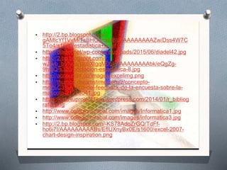 • http://2.bp.blogspot.com/-
gAMlcYf1VvM/TsBHG9muJBI/AAAAAAAAAZw/Dss4W7C
5To4/s1600/estadistica+fx.gif
• http://diadel.net/wp-content/uploads/2015/06/diadel42.jpg
• http://2.bp.blogspot.com/-
wJiwb_bVNds/Uc0XtgqM0bI/AAAAAAAAAbk/eQgZg-
9hulQ/s320/poblacion-estadistica-8.jpg
• http://accounter.co/images/excelimg.png
• http://thumbs.dreamstime.com/z/concepto-
met%C3%A1lico-del-feedback-de-la-encuesta-sobre-la-
mascota-21276041.jpg
• https://edu4uproject.files.wordpress.com/2014/01/r_bibliog
rafia.png
• http://www.colegiomirabal.com/images/Informatica1.jpg
• http://www.colegiomirabal.com/images/informatica3.jpg
• http://2.bp.blogspot.com/-KS78AdoZrGQ/TdFf-
ho6i7I/AAAAAAAAABs/EflUXnyBx0E/s1600/excel-2007-
chart-design-inspiration.png
 