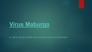 Virus Maburgo
EL VIRUS TOMA SU NOMBRE DE LA CIUDAD ALEMANA DE MARBURGO
 