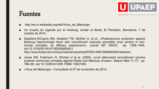Fuentes
■ http://es.m.wikipedia.org/wiki/Virus_de_Marburgo
■ Un muerto en Uganda por el marburg, similar al ébola; El Periódico, Barcelona, 7 de
octubre de 2014.
■ Daddario-DiCaprio KM, Geisbert TW, Ströher U, et al.. «Postexposure protection against
Marburg haemorrhagic fever with recombinant vesicular stomatitis virus vectors in non-
human primates: an efficacy assessment». Lancet 367 (9520): pp. 1399–1404.
doi:10.1016/S0140-6736(06)68546-2.
http://www.thelancet.com/journals/lancet/article/PIIS0140673606685462/abstract.
■ Jones SM, Feldmann H, Stroher U et al. (2005). «Live attenuated recombinant vaccine
protects nonhuman primates against Ebola and Marburg viruses». Nature Med 11 (7): pp.
786–90. doi:10.1038/nm1258. PMID 15937495.
■ «Virus de Marburgo». Consultado el 27 de noviembre de 2012.
9
 
