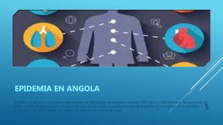 En 2004 se desata la epidemia mas grande de Marburgo en Angola hubieron 374 casos y 329 decesos, las personas se
alzan contra el gobierno por la poca eficacia de las curas, la población ayuda al gobierno a localizar a los posibles
enfermos y la OMS prestó un centro de aislamiento cerca de Uige.
5
 
