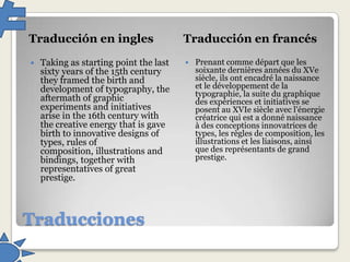 Traducción en ingles


Taking as starting point the last
sixty years of the 15th century
they framed the birth and
development of typography, the
aftermath of graphic
experiments and initiatives
arise in the 16th century with
the creative energy that is gave
birth to innovative designs of
types, rules of
composition, illustrations and
bindings, together with
representatives of great
prestige.

Traducciones

Traducción en francés


Prenant comme départ que les
soixante dernières années du XVe
siècle, ils ont encadré la naissance
et le développement de la
typographie, la suite du graphique
des expériences et initiatives se
posent au XVIe siècle avec l'énergie
créatrice qui est a donné naissance
à des conceptions innovatrices de
types, les règles de composition, les
illustrations et les liaisons, ainsi
que des représentants de grand
prestige.

 