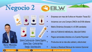  Empresa con mas de 6 años en Houston Texas EUEmpresa con mas de 6 años en Houston Texas EU
 Iniciamos con una Compra ÚNICA de $106 dólaresIniciamos con una Compra ÚNICA de $106 dólares
 Matriz Dinámica (forzada) 4 x 6 SIN candadosMatriz Dinámica (forzada) 4 x 6 SIN candados
 SIN AUTOENVIO MENSUAL OBLIGATORIOSIN AUTOENVIO MENSUAL OBLIGATORIO
 Pagos semanales directos a tu Cuenta PayoneerPagos semanales directos a tu Cuenta Payoneer
 Productos de la más alta calidad y efectividadProductos de la más alta calidad y efectividad
 Acceso a Residual Mensual de manera OpcionalAcceso a Residual Mensual de manera Opcional
Steve Moretta
Fundador & C.E.O.
 