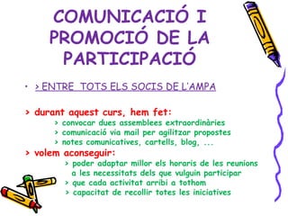 COMUNICACIÓ I PROMOCIÓ DE LA PARTICIPACIÓ > ENTRE  TOTS ELS SOCIS DE L’AMPA > durant aquest curs, hem fet: > convocar dues assemblees extraordinàries > comunicació via mail per agilitzar propostes > notes comunicatives, cartells, blog, ... > volem aconseguir:   > poder adaptar millor els horaris de les reunions a les necessitats dels que vulguin participar   > que cada activitat arribi a tothom > capacitat de recollir totes les iniciatives 
