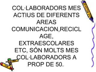 COL·LABORADORS MES ACTIUS DE DIFERENTS AREAS COMUNICACION,RECICLAGE, EXTRAESCOLARES ETC, SÓN MOLTS MES COL·LABORADORS A PROP DE 50.  