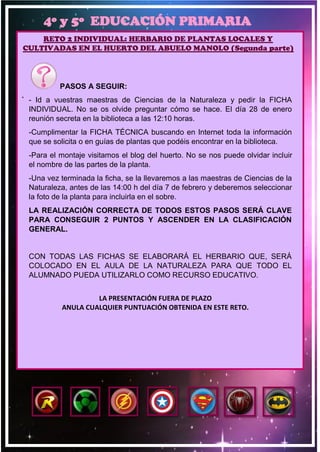 4º y 5º EDUCACIÓN PRIMARIA
RETO 2 INDIVIDUAL: HERBARIO DE PLANTAS LOCALES Y
CULTIVADAS EN EL HUERTO DEL ABUELO MANOLO (Seg...