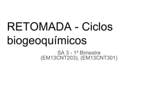 RETOMADA - Ciclos
biogeoquímicos
SA 3 - 1º Bimestre
(EM13CNT203), (EM13CNT301)
 