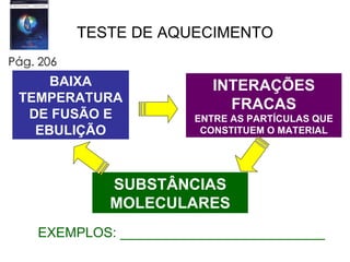 TESTE DE AQUECIMENTO BAIXA TEMPERATURA DE FUSÃO E EBULIÇÃO INTERAÇÕES FRACAS ENTRE AS PARTÍCULAS QUE CONSTITUEM O MATERIAL SUBSTÂNCIAS MOLECULARES EXEMPLOS: ___________________________ Pág. 206 