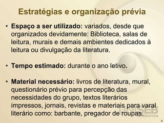 Estratégias e organização prévia
• Espaço a ser utilizado: variados, desde que
organizados devidamente: Biblioteca, salas de
leitura, murais e demais ambientes dedicados à
leitura ou divulgação da literatura.
• Tempo estimado: durante o ano letivo.
• Material necessário: livros de literatura, mural,
questionário prévio para percepção das
necessidades do grupo, textos literários
impressos, jornais, revistas e materiais para varal
literário como: barbante, pregador de roupas.
6
 